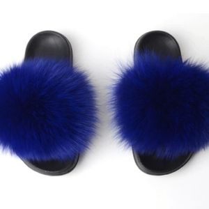 Royal Blue Fur Sliders